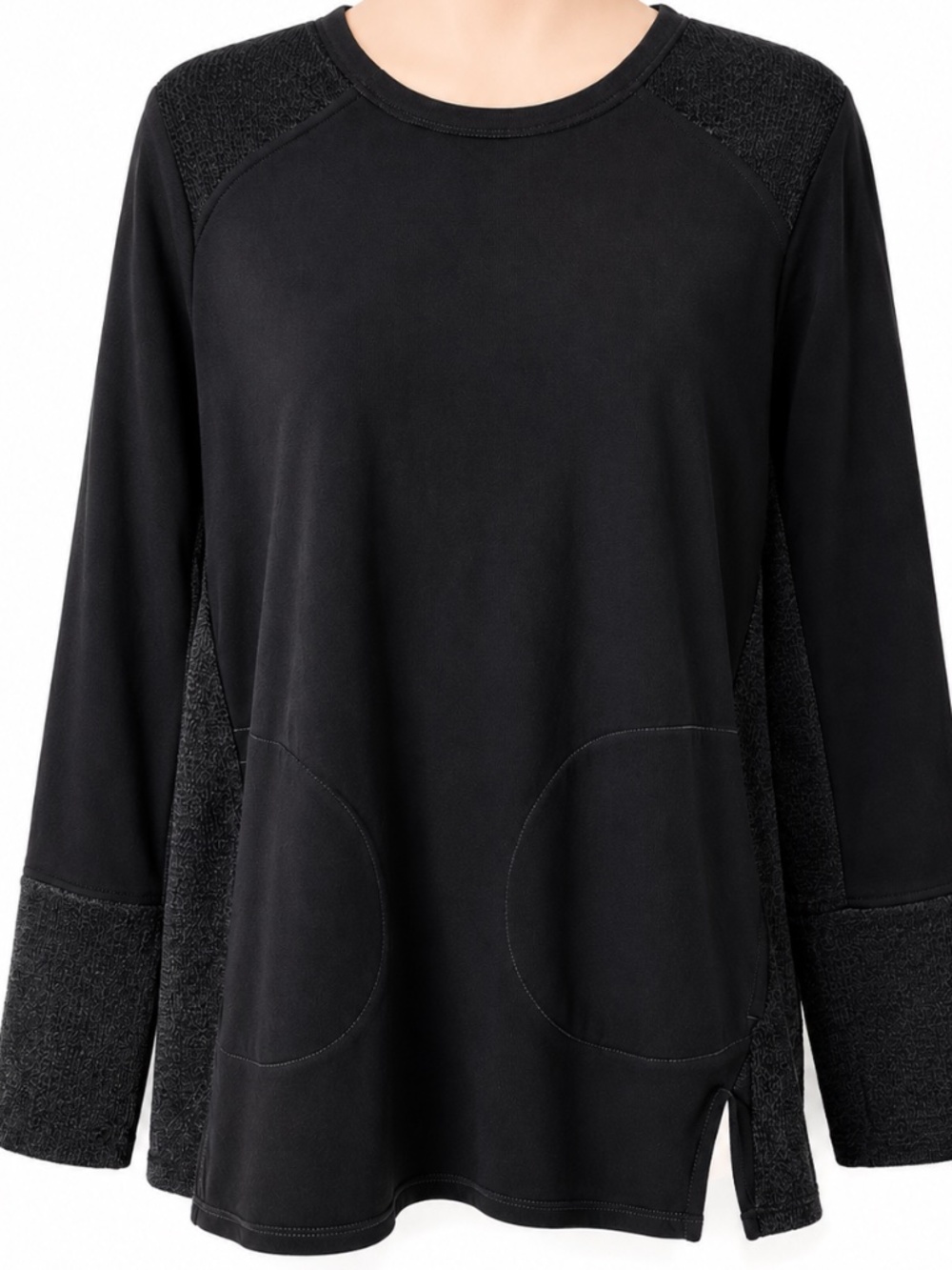 LOGO BY LORI GOLDSTEIN Black Knit Mixed Media Crew Neck Tunic